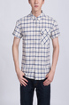 White and Blue Button Down Collared Checkered Chest Pocket Pus Size Men Shirt for Casual Party Office