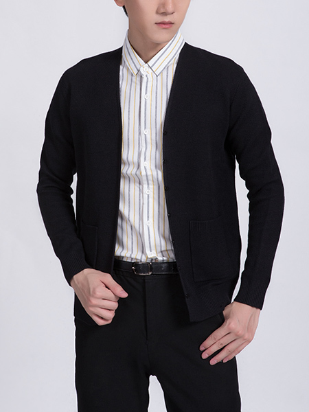 Black Button Down Plus Size Long Sleeve Pocket Men Cardigan for Casual Office