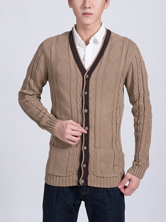 Brown Button Down Knit Long Sleeve Men Cardigan for Casual Office