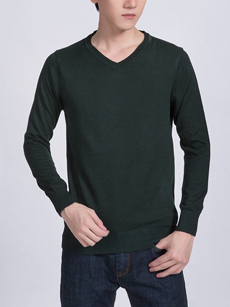 Green Solid Crew Neck Long Sleeve Men Sweater for Casual