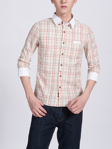 Beige And White Button Down Collared Plus Size Men Shirt for Casual Office Party