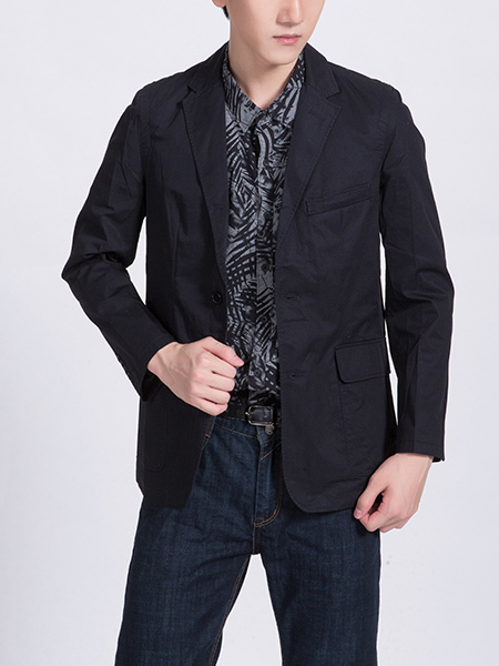 Black Chest Pocket Long Sleeve Lapel Button Down Men Jacket for Casual