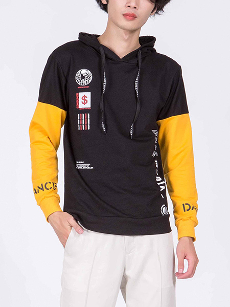 Black and Yellow Long Sleeve Drawstring Men Hoodie for Casual