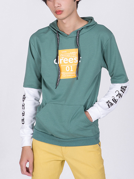 Green and White Long Sleeves Pockets Drawstring Men Hoodie for Casual