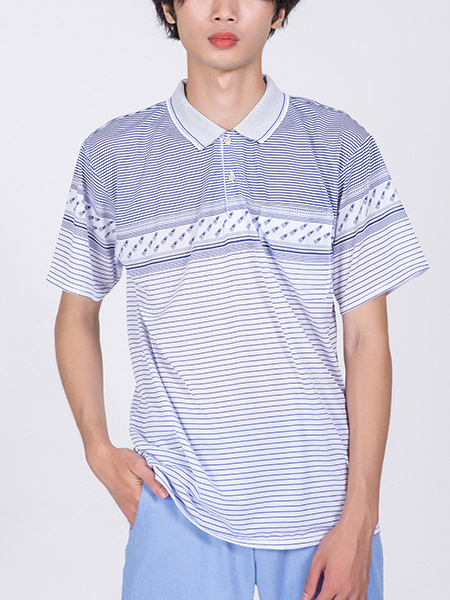 White and Blue Collared Chest Pocket Polo Men Shirt for Casual Party Office