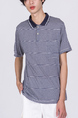 Blue and White Striped Chest Pocket Collared Polo Men Shirt for Casual Party Office