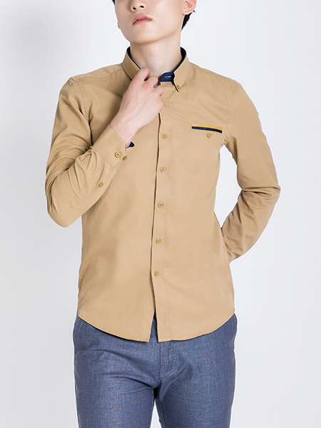 Beige Plus Size Collared Long Sleeve Chest Pocket Button Down Men Shirt for Casual Party Office Evening