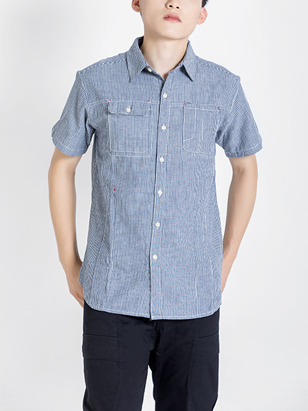 Blue Button Down Collared Chest Pocket Men Shirt for Casual Party Office