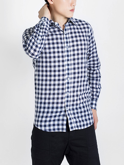 Blue and White Collared Button Down Shirt Long Sleeve Plus Size Men Shirt for Casual Party Office Evening