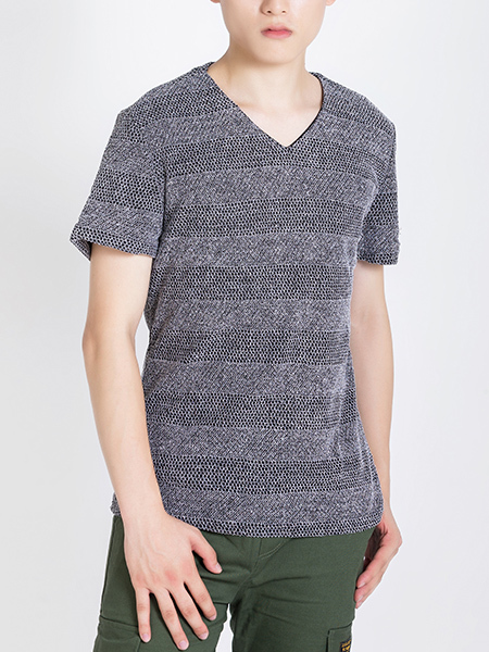 Gray Knitted V Neck Tee Plus Size Men Shirt for Casual Party