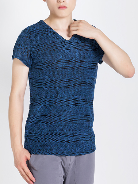 Blue Knitted V Neck Tee Plus Size Men Shirt for Casual Party