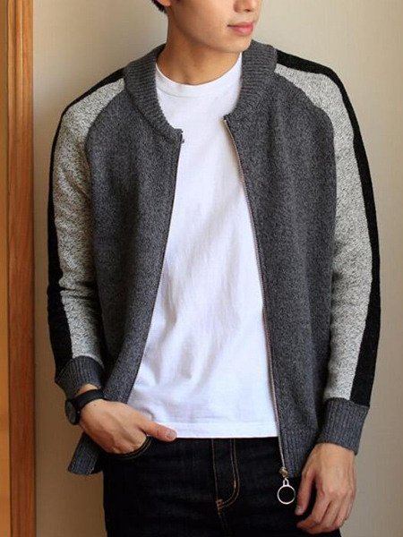 Black and Grey Men Plus Size Knitting Contrast Stand Collar Men Cardigan for Casual