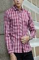 Red and White Plus Size Slim Grid Lapel Buttons Checkered Men Shirt for Casual