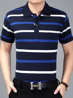 Blue and White Plus Size Loose Polo Collar Contrast Stripe  Men Shirt for Casual Office