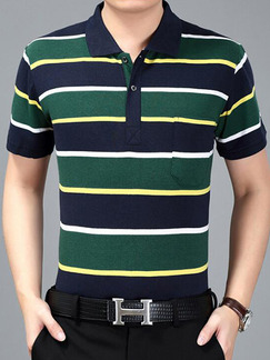 Blue Green Yellow Plus Size Loose Polo Collar Contrast Stripe  Men Shirt for Casual Office