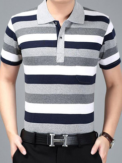 Grey White and Blue Plus Size Loose Polo Collar Contrast Stripe  Men Shirt for Casual Office