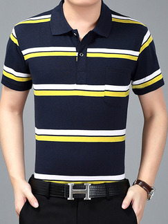 Blue White and Yellow Plus Size Loose Polo Collar Contrast Stripe  Men Shirt for Casual Office
