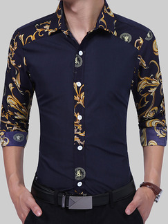 Blue Plus Size Slim Linking Printed Lapel Buttons Men Shirt for Casual Party