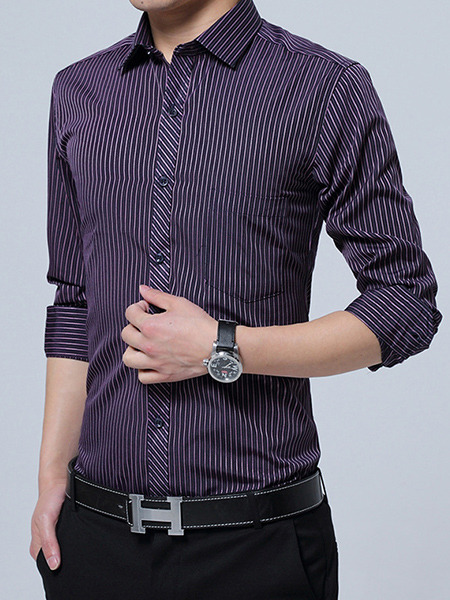 Purple Plus Size Slim Stripe Lapel Buttons Long Sleeve Men Shirt for Casual Office