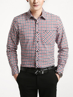 Red Blue and White Plus Size Slim Grid Lapel Buttons Pocket Long Sleeve Men Shirt for Casual Office