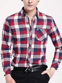 Red Colorful Plus Size Slim Contrast Grid Lapel Buttons Pocket Long Sleeve Men Shirt for Casual Party Office