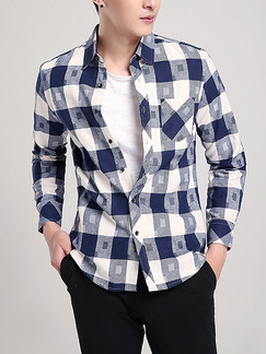 Blue and White Plus Size Slim Contrast Grid Lapel Buttons Pocket Long Sleeve Men Shirt for Casual Party Office