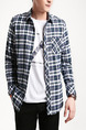 Blue and White Plus Size Slim Contrast Grid Lapel Buttons Pocket Long Sleeve Men Shirt for Casual Office Party
