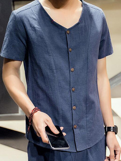 Blue Plus Size Loose V Neck Buttons Men Shirt for Casual