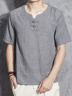 Grey Plus Size Loose Chinese Buttons Round Neck Men Shirt for Casual