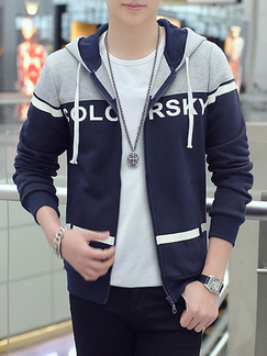 Blue and Grey Plus Size Contrast Linking Hooded Letter Printed Zipper Front Long Sleeve Men Hoodie for Casual