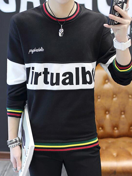 Black and White Plus Size Contrast Linking Round Neck Letter Printed Long Sleeve Men Sweater for Casual Party