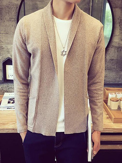 Beige Plus Size Slim Knitting Lapel Pockets Long Sleeve Men Cardigan for Casual Party