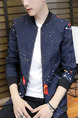 Blue Colorful Plus Size Slim Stand Collar Printed Zipper Front Long Sleeve Men Jacket for Casual