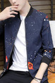 Blue Colorful Plus Size Slim Stand Collar Printed Zipper Front Long Sleeve Men Jacket for Casual