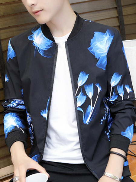 Black and Blue Plus Size Slim Stand Collar Printed Zipper Front Men Jacket for Casual