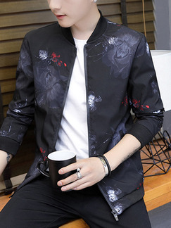 Black Grey and Red Plus Size Slim Stand Collar Printed Zipper Front Long Sleeve Men Jacket for Casual