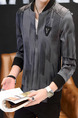 Grey and Black Plus Size Slim Stand Collar Printed Zipper Front Long Sleeve Men Jacket for Casual
