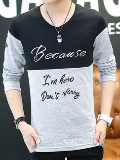 Black and Grey Plus Size Slim V Neck Contrast Letter Printed Long Sleeve Men Shirt for Casual Party