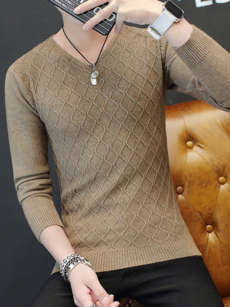 Brown Slim Knitting V Neck  Men Sweater for Casual