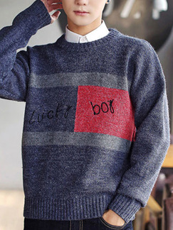 Blue and Red Slim Knitting Round Neck Contrast Linking Letter Printed Long Sleeve Men Sweater for Casual
