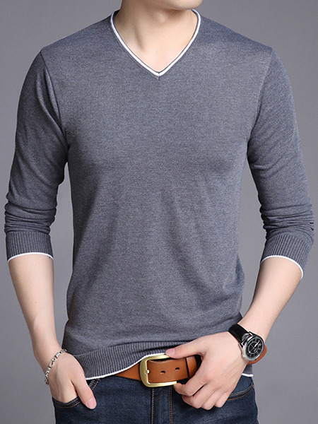 Grey Plus Size Slim Contrast V Neck Long Sleeve Men Sweater for Casual