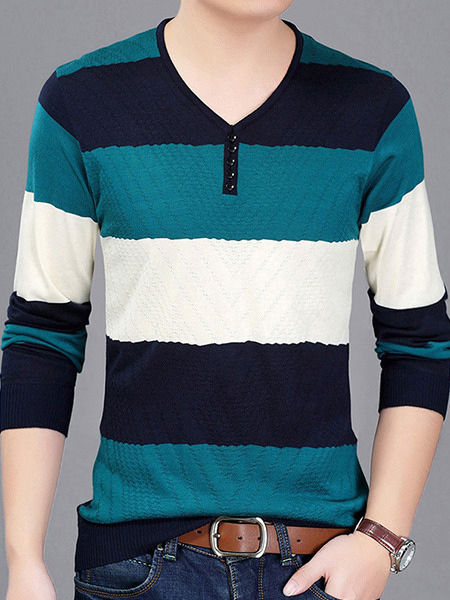 Blue White and Green Plus Size Slim Contrast Stripe V Neck Buttons Long Sleeve Men Sweater for Casual