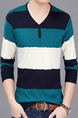 Blue White and Green Plus Size Slim Contrast Stripe V Neck Buttons Long Sleeve Men Sweater for Casual