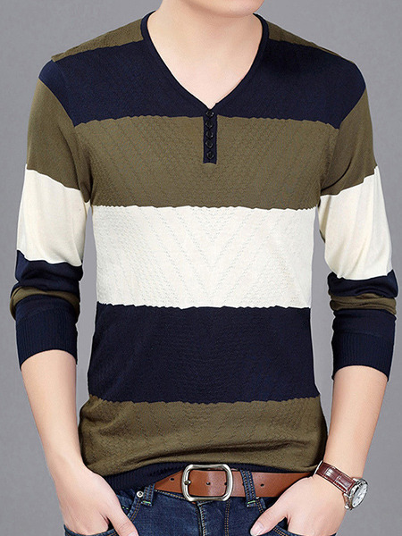 Brown Blue and White Plus Size Slim Contrast Stripe V Neck Buttons Long Sleeve Men Sweater for Casual