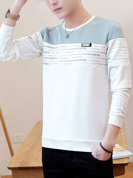 White and Grey Plus Size Round Neck Contrast Located Printing Long Sleeve Men Sweater for Casual