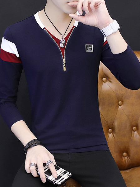 Blue Red and White Plus Size Slim Contrast V Neck Zipper Long Sleeve Men Shirt for Casual