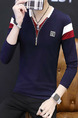 Blue Red and White Plus Size Slim Contrast V Neck Zipper Long Sleeve Men Shirt for Casual