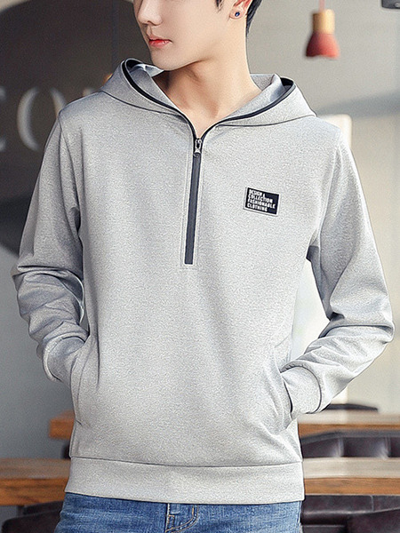 Grey Plus Size Slim Hooded Zipper Pockets Long Sleeve Men Hoodies for Casual