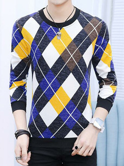 Colorful Plus Size Slim Contrast Grid Round Neck Men Shirt for Casual