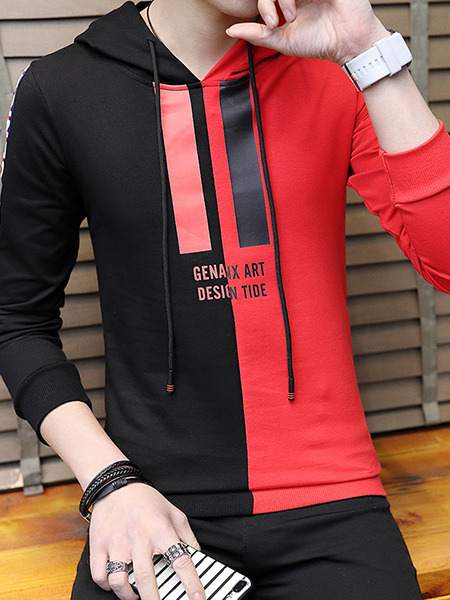 Black and Red Plus Size Slim Contrast Hooded Drawstring Letter Printed Long Sleeve Men Hoodies for Casual